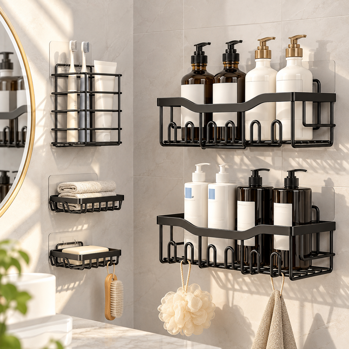 Set organizadores adhesivos ducha 5 piezas